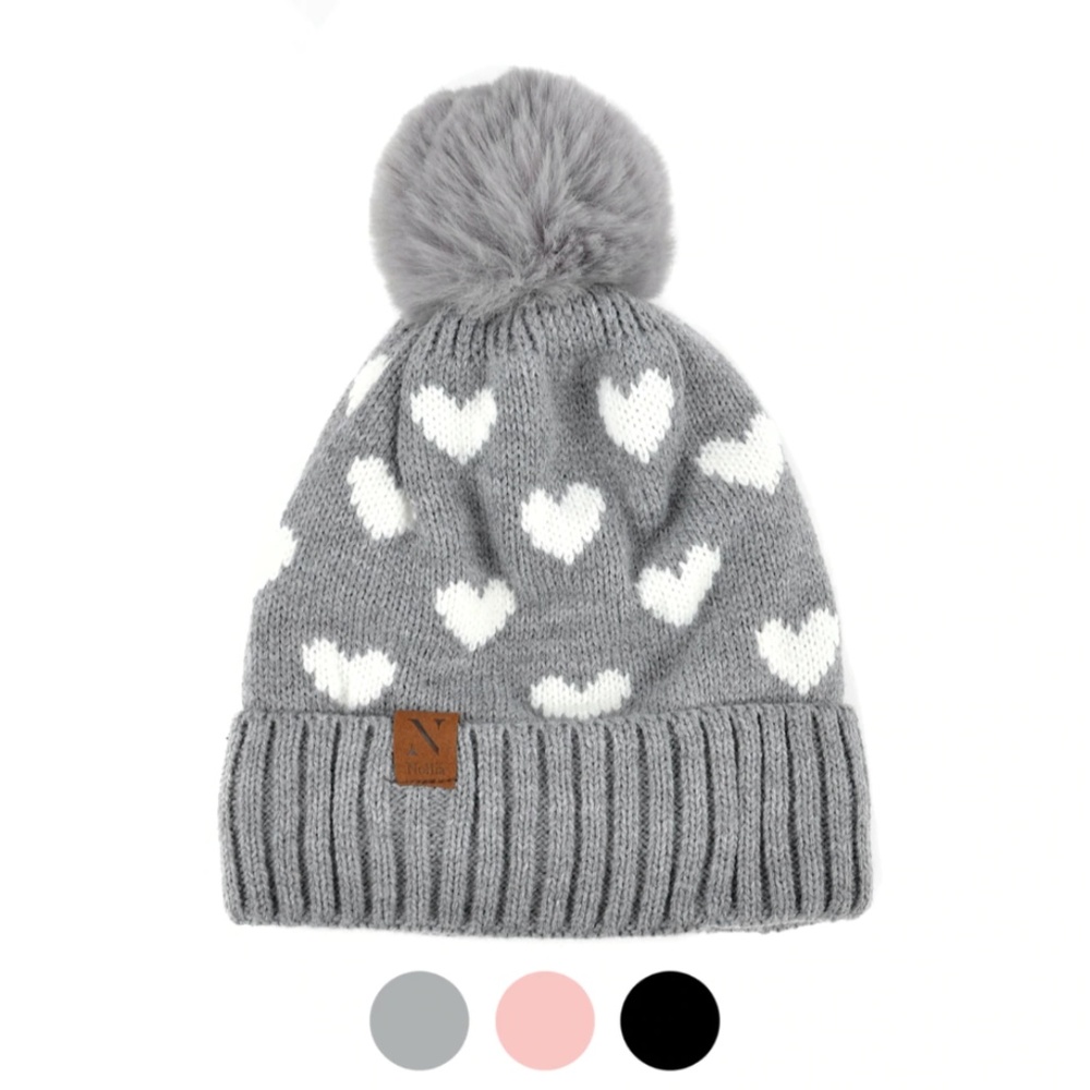 Women's Hearts and Pom Pom Knit Winter Hat